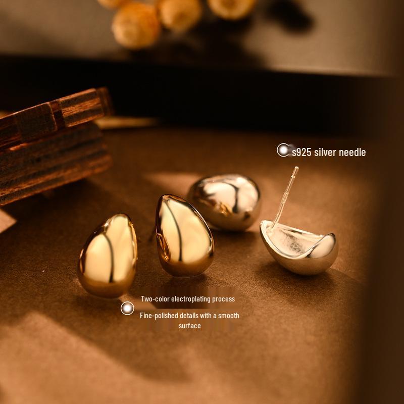 S925 Silver Teardrop Stud Earrings with Brass Texture - European and American Style