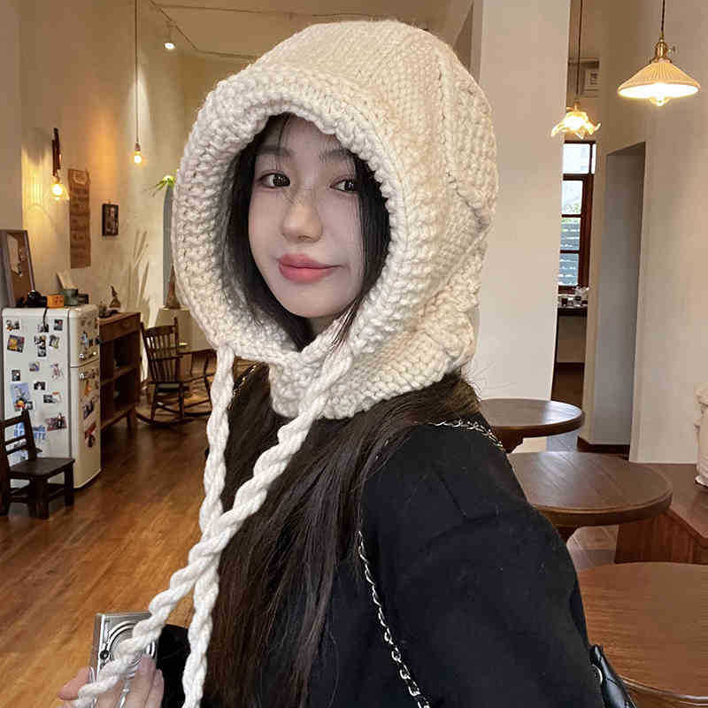 Big Red Balaclava Hat Women's Strappy Knitted Winter Thickened Warm Woolen Hat