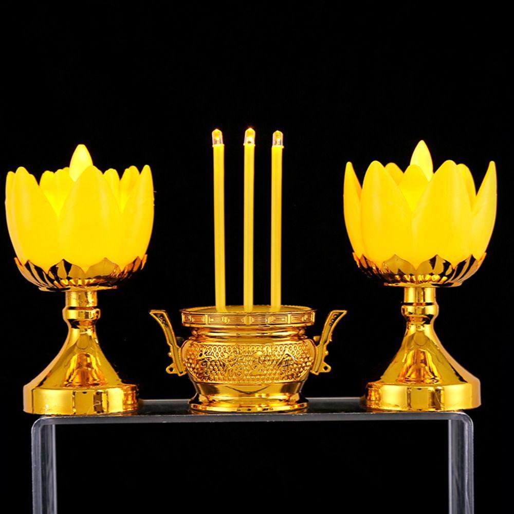 Plastic Lotus Candle Set Gold White Electronic Candlestick Set  Desktop Ornament