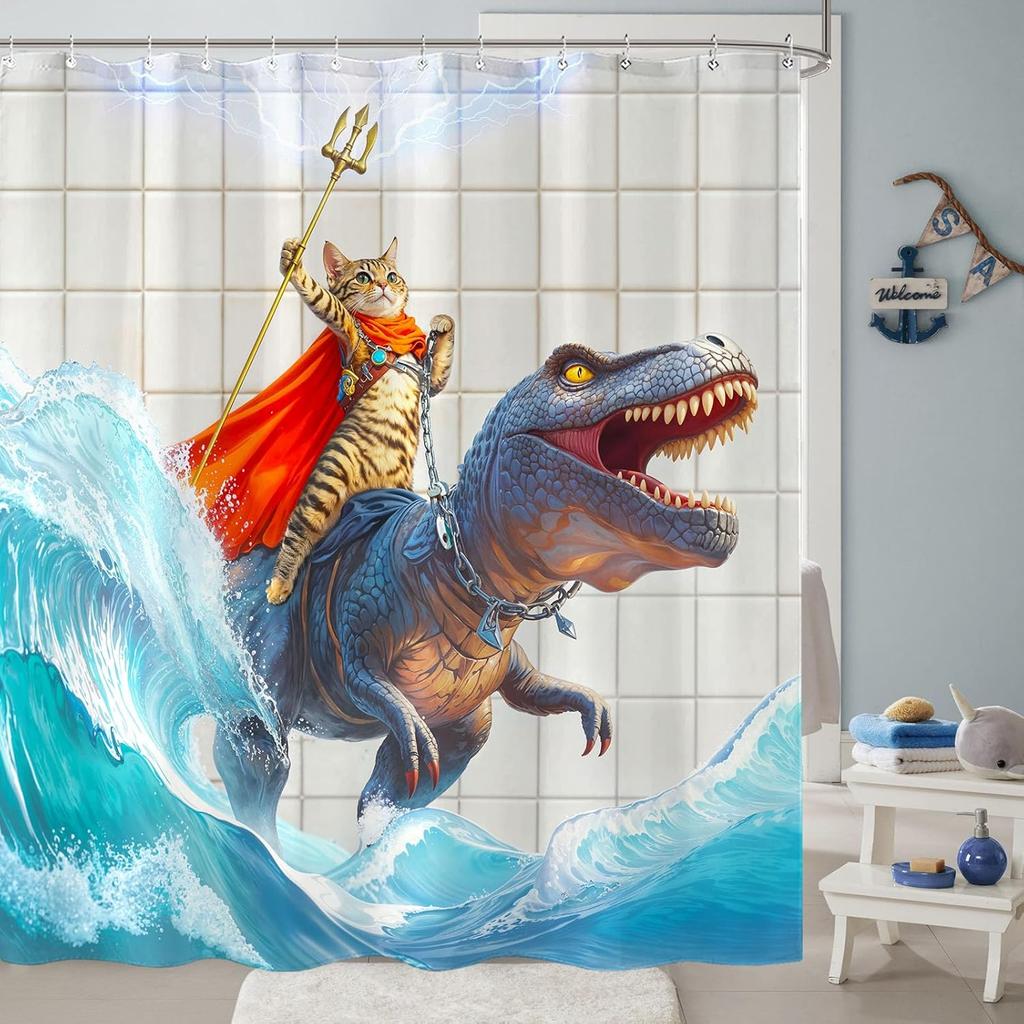Cat Shower Curtain Ocean Funny Shower Curtain Dinosaur  for Bathroom Wave Shower Curtain Set with 12 Hooks