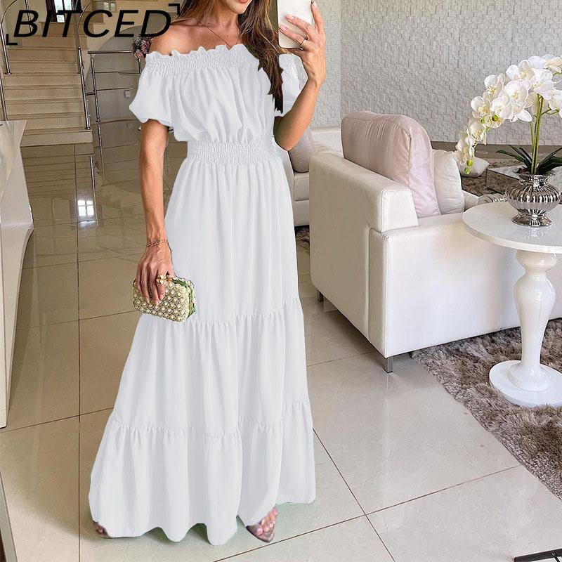 BITCED Long Dress with Open Back and Elastic Waist Popular Bohemian Style with Open Shoulders