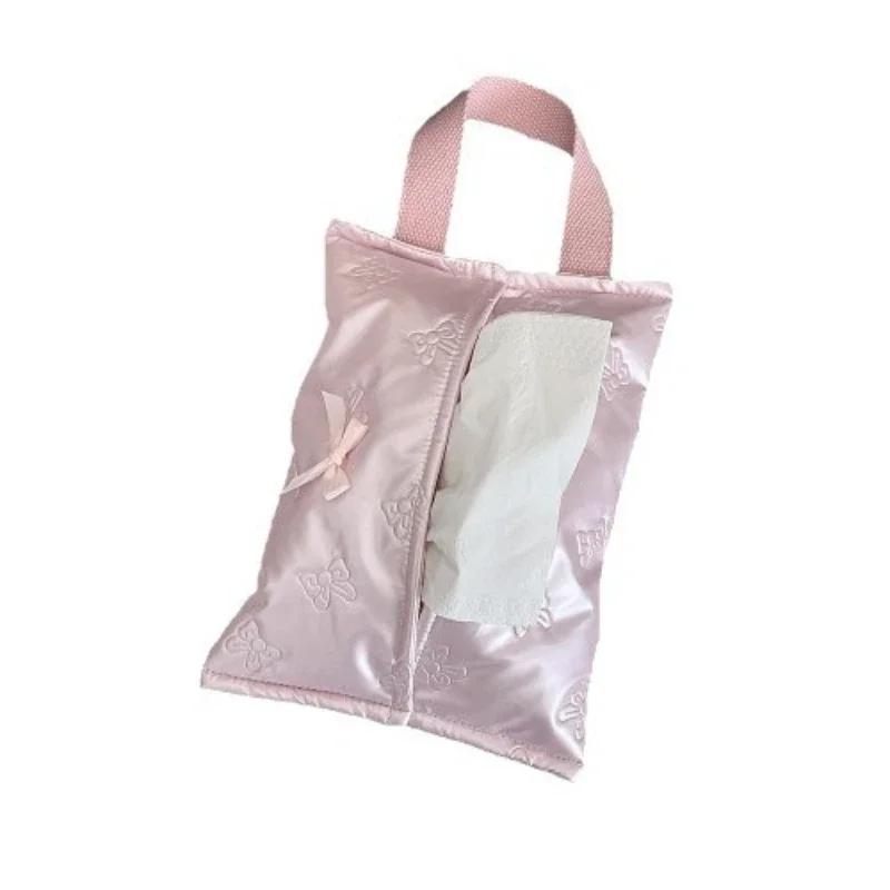 Silvery Bow Flip Cover Tissue Box Wet Wipes Case Car Hanging Bag Portable Paper Holder Removable Napkin Storage Case Home Decor