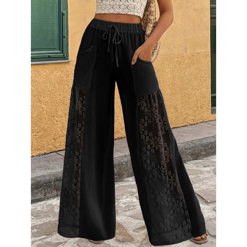 Sofort verfügbare Damen-Freizeithose in Unifarben mit weitem Bein und Spitzen-Patchwork-Detail
