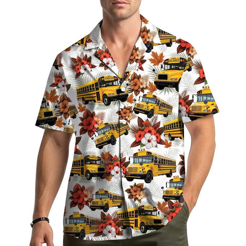 Men's School Bus & Tropical Floral Print Hawaiian Shirt Casual Button Down Short Sleeve Beach Shirts For Summer Holiday