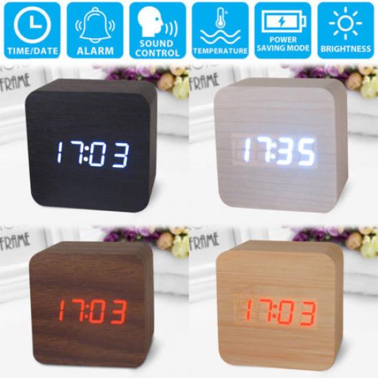 Modern Cube Wooden Wood Digital LED Desk Voice Control Alarm Clock ...