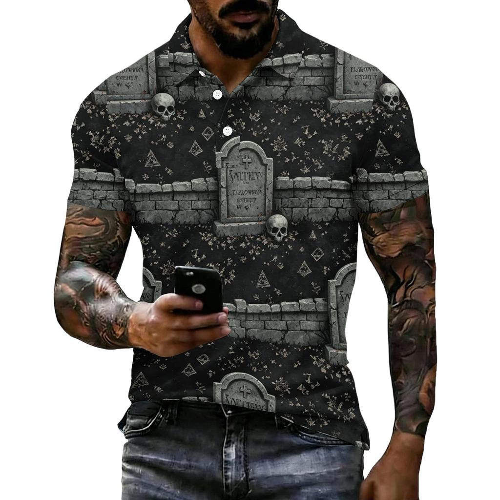 Men's Halloween Print Short Sleeve Polo Shirt Loose Fit Casual Summer Daily Wear Button Down Collar Top