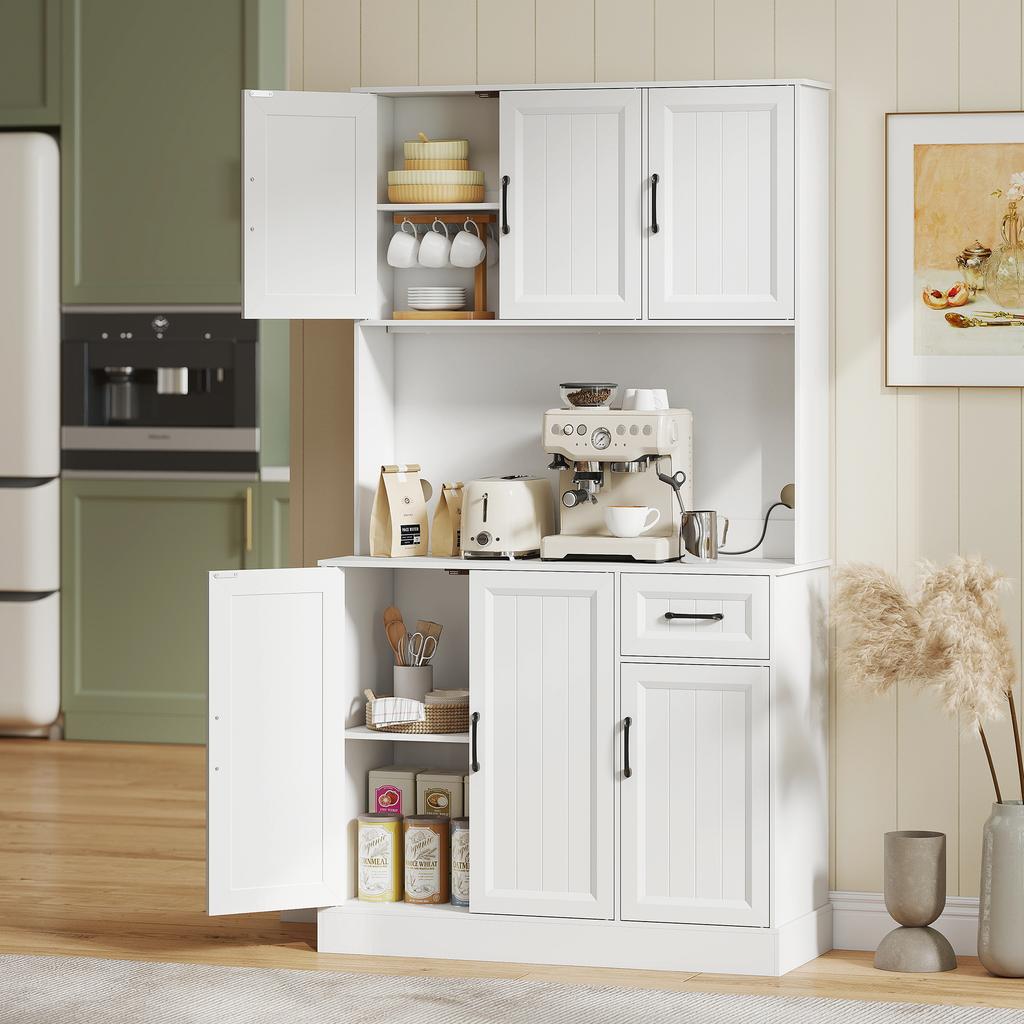 Kitchen Highboard, 6 Doors, 1 Drawer, Open Compartment, Shelves, 100 x 39.5 x 180.5 cm, White