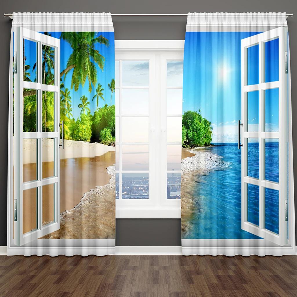 3D Print Blue Beach Sea and Natural Forest Drapes Window Curtain Bedroom Decorative Curtain 2 Panel for Living Room