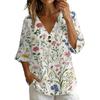 Women V Neck Vintage Floral Print Loose Fit Short Sleeve T Shirt Linen Blend Casual Summer Top
