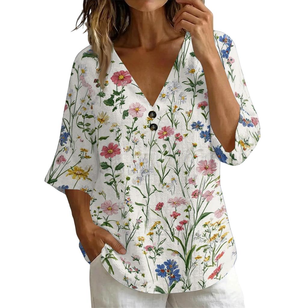 Women V Neck Vintage Floral Print Loose Fit Short Sleeve T Shirt Linen Blend Casual Summer Top
