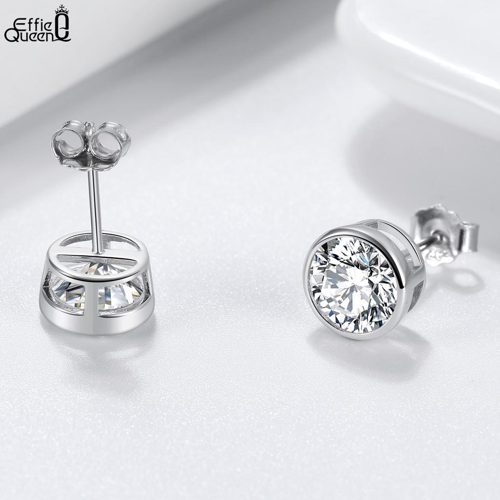 Effie Queen 100% S925 Silber Rhodiumbeschichtet Runde Zirkonia Ohrstecker Einfacher Schmuck für Damen, Mädchen Hochzeitsfeier Geschenk APE33
