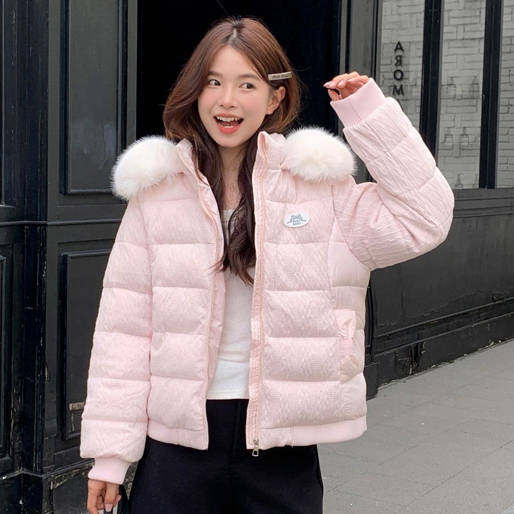 Short Jacquard Cotton Clothes Women's Hooded Big Fur Collar Design Winter Loose Warm Jacket Multi-colored Women's Clothing Spot