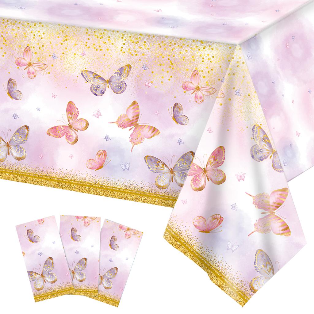 Pink Purple Butterfly Waterproof Tablecloth Spring Butterfly Theme Birthday Party Decoration Girl 1st Birthday Party Baby Shower