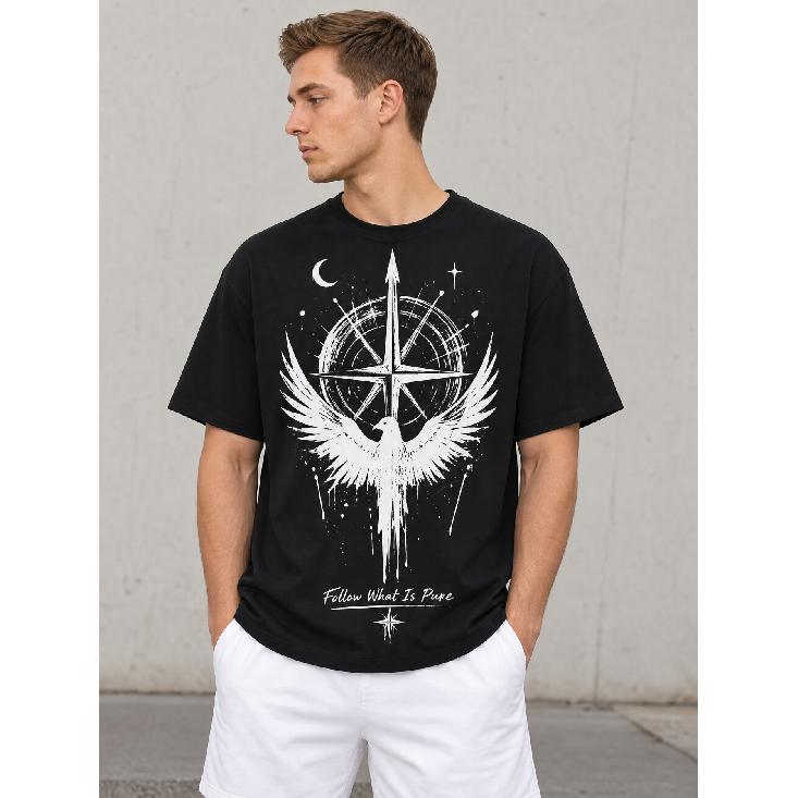 men's oversized black cotton t-shirt with short sleeves, crew neck, soft breathable fabric, featuring white eagle compass celestial graphic print and