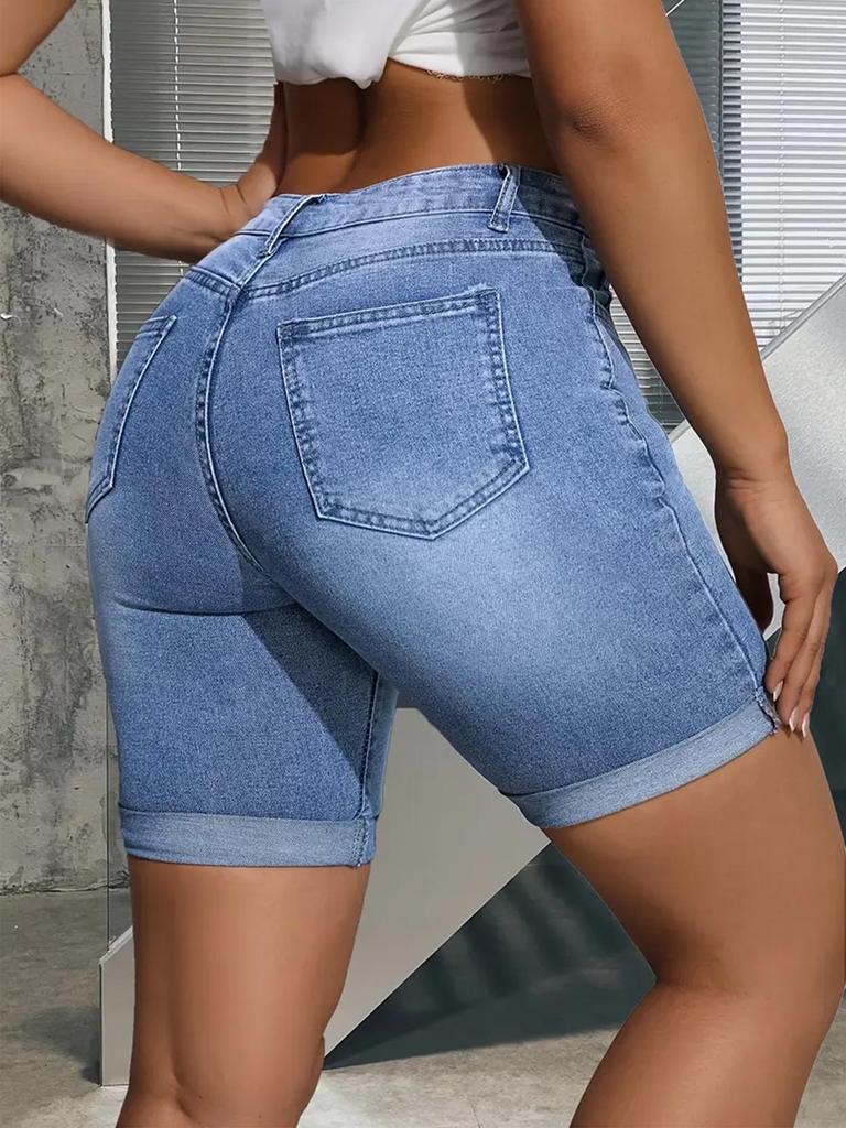 Women's Light Blue Stretchy Denim Shorts, Rolled Hem, Slimming, Mid-Length, Versatile.