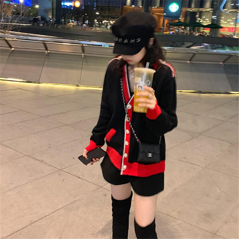 

Жіночий в’язаний кардиган контрастного кольору, вільний повсякденний, червоний светр, пальто з V-подібним вирізом у смужку, 2022, осінь-зима, жіночий з кишенями One Size чорний