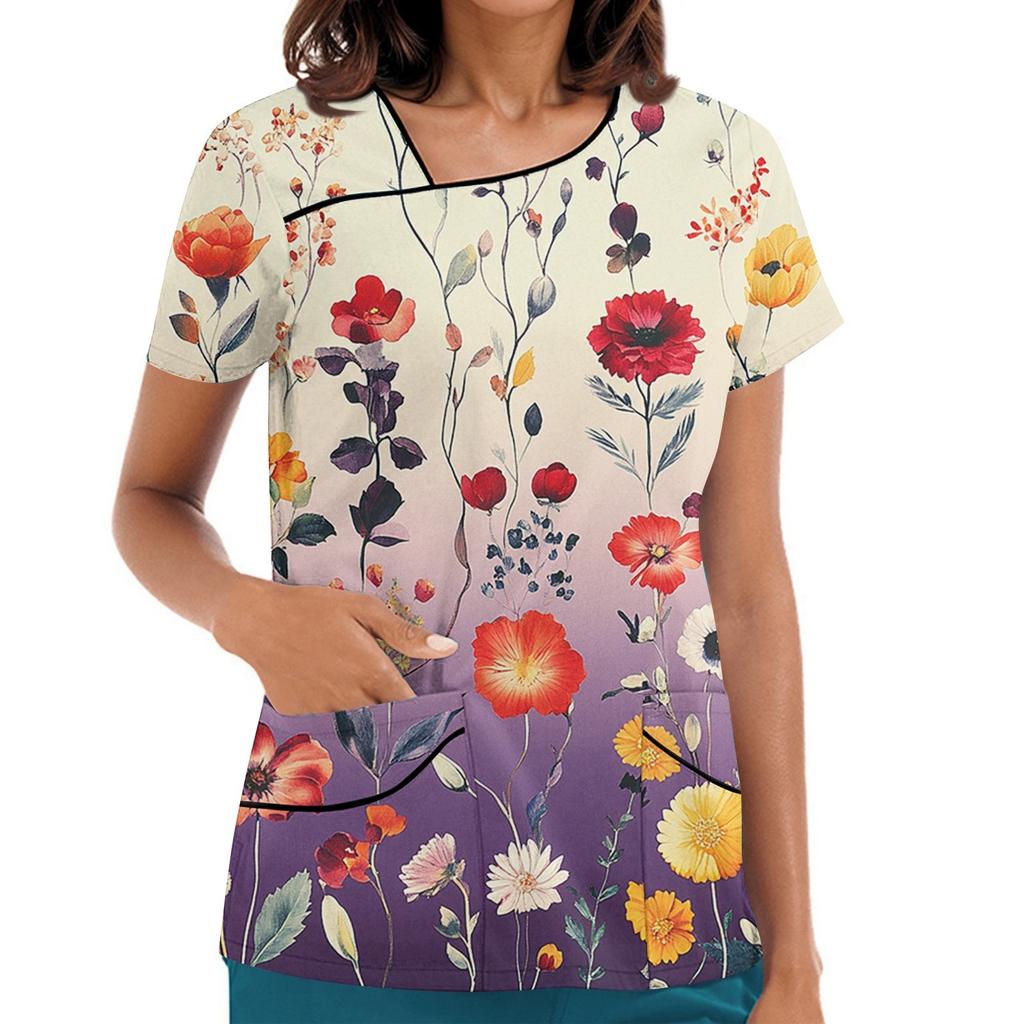 Damen Bedruckte Arbeitskleidung, Schräger Kragen und Doppellagige Taschen, Basic Oberteil Pullover