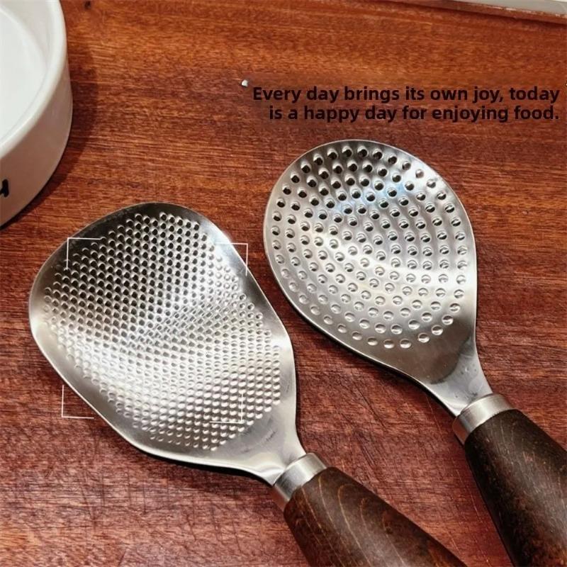 1pc/2pcs Durable Wooden Handle Rice Spoon Stainless Steel Vertical Canteen Serving Spoon Rice Cooker Household