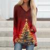 Ladies' Fashionable Casual Christmas Printed T-shirt Long Sleeved V-neck Mid Length Top