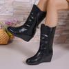 Leather Women Wedges Mid Calf Shoes Designer Retro Zippers Mid Heels Shoes New Brand 2025 Trend Winter Classic Goth Botas Mujer