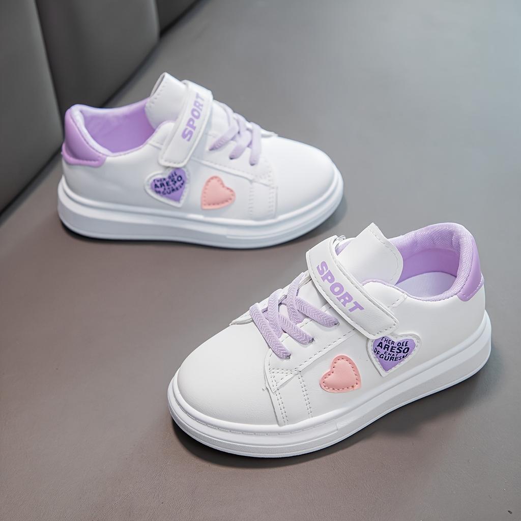 [Niedliche Kinder-Sneaker] Niedliche Kinder-Freizeit-Sneaker | Herzmuster Weiß & Rosa Low-Top Schnürschuhe, Runde Zehenpartie, Obermaterial in Lederoptik, Stoff-Innenseite