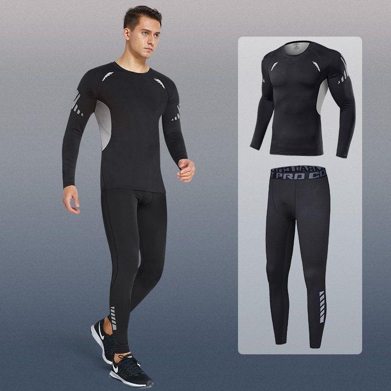 Mens Quick-Dry Compression Athletic Set Long Sleeve Top Tight Pants Running Gym Basketball Training