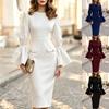 Abito Elegante da Donna con Scollo O, Midi, Tubino, Svasato, Manica Lunga, Tasca Finta, Bottone Dorato Decorativo, Bodycon, da Festa, da Ufficio
