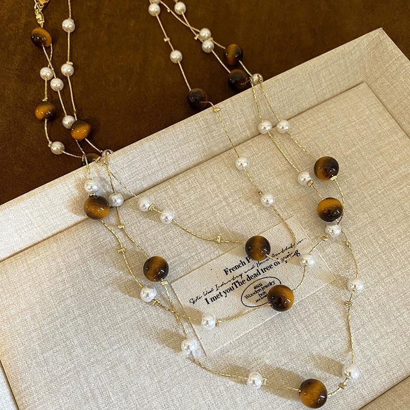 Trendy Vintage Tiger Eye Stone Pearl Bead Stacked Necklace For Women Fashionable Autumn And Winter Charm Jewelry