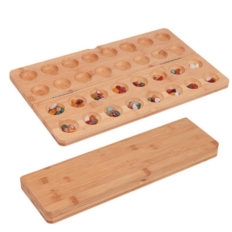 Mancala Normal Strategy Board Game Foldable Wooden Set With 65 Rockss Portable For Family