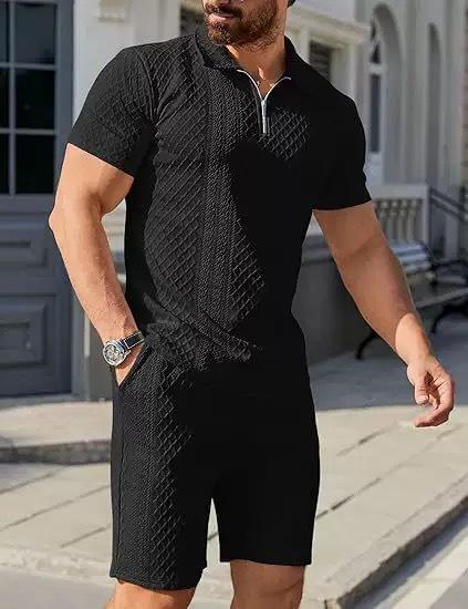 Mens Summer Sport Casual Knit Polo Shirt And Shorts Two Piece Set