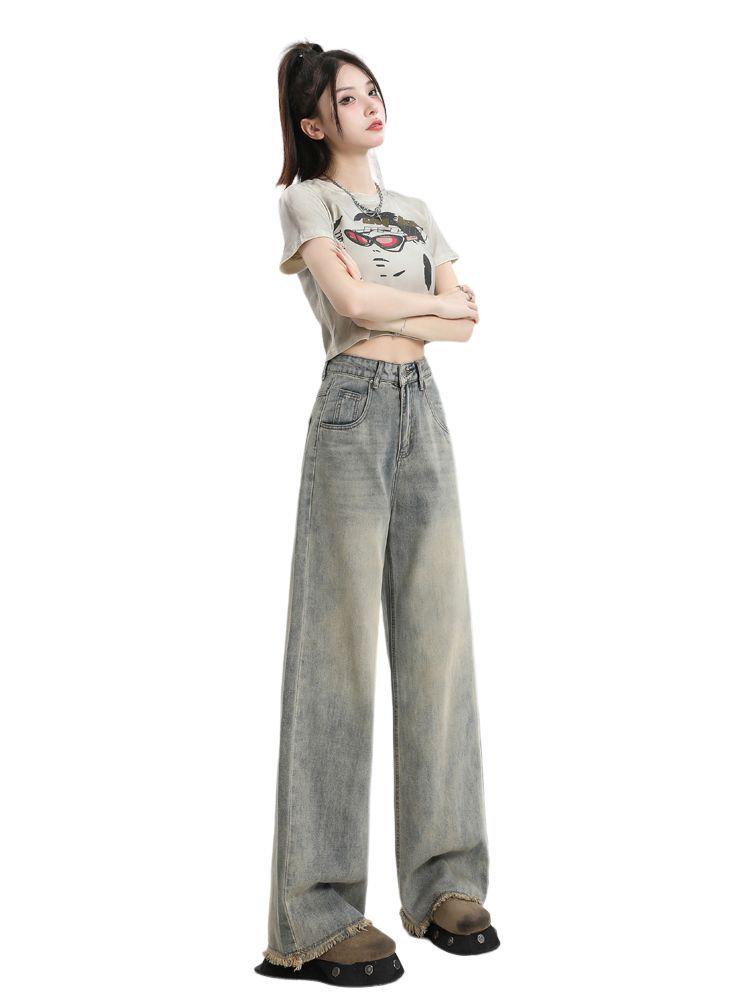 Women's Vintage High-Waisted Wide-Leg Jeans - Frayed, Plus Size, Slimming, Floor-Length, Retro Summer Style