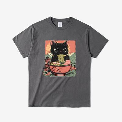 Miao Wei Dong Ying Ramen Merkmale Niedliche Schwarze Katze isst Ramen Aufdruck T-Shirt für Männer Frauen mit Reiner Baumwolle Rundhals