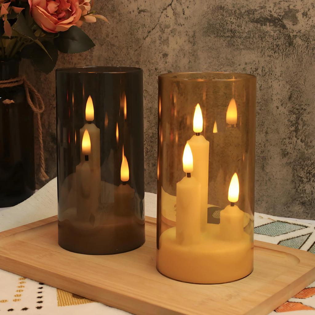 2/3Pc 3 in 1 Flickering Taper Candles Flameless Window Candles 5/8/10CM Tall Lighting with lampshade for Christmas Wedding Decor