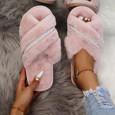 Fashion 2025  Shiny Crystal Decor Indoor Slippers Women Winter Warm Thicken Plush Cotton Slippers Woman Comfort Light Non Slip Slides