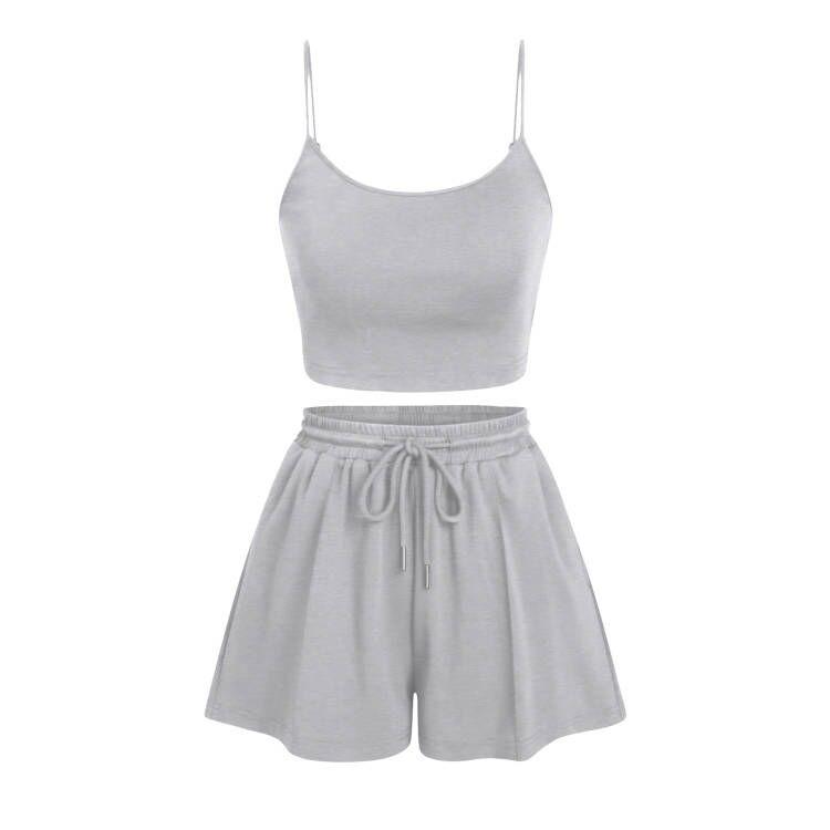 

Женские комплекты из двух предметов, комплект с укороченным топом на бретельках и широкими шортами с U-образным вырезом L серый
