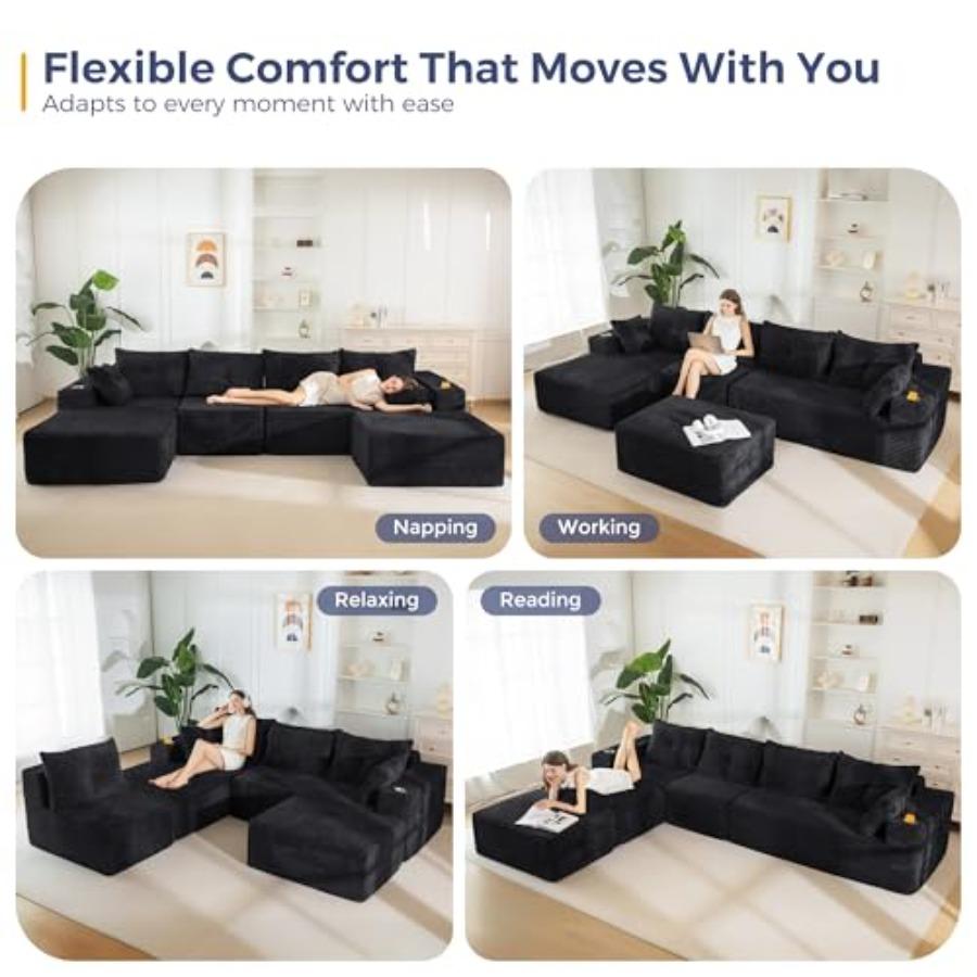 132 Giant U-Shaped Modular Sectional Couch for Living Room Sofa In A Box Oversized Sofa Sleeper with Deep Seat No Assembly Requ