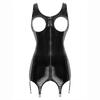 Women Open Cup Patent Leather Mini Dresses with Garter Clips Sleeveless Zipper Hollow Out Dress Wet Look Party Clubwear