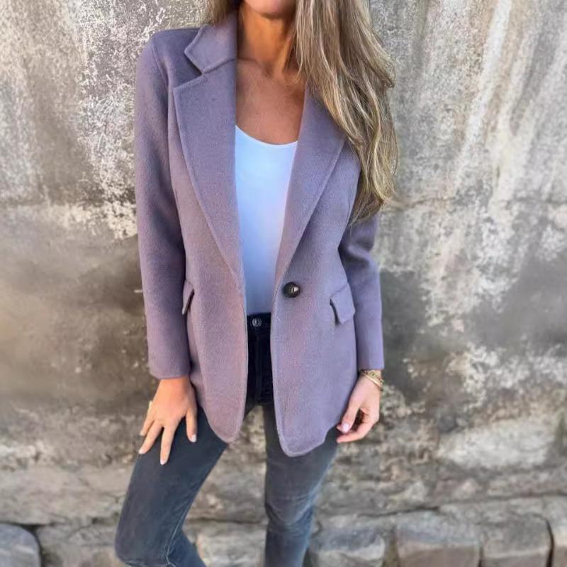 Women S Casual Wool Blazer Lapel Button Fake Pockets Long Sleeve Coat
