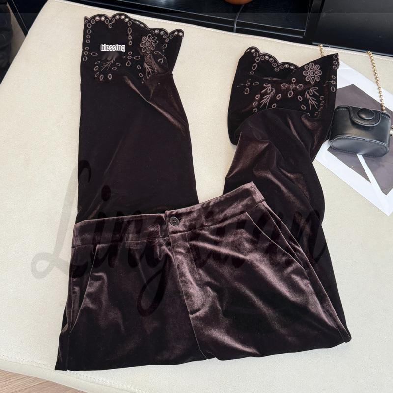 Women s High-Waisted Velvet Embroidered Trousers - Autumn/Winter, Micro-Flare, Non-Clingy, Slimming, Casual Fit M