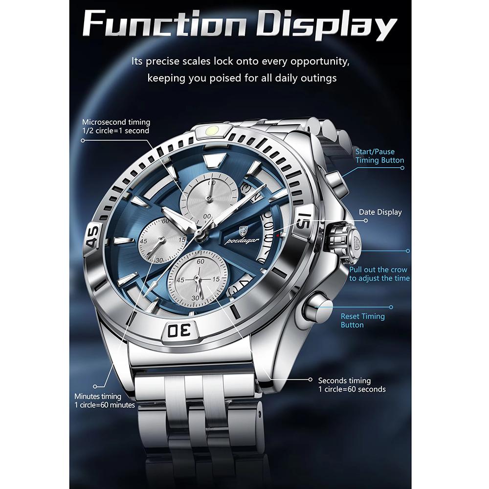 Herren Chronograph Armbanduhr Stahlarmband 3 Zifferblätter Timer Leuchtzeiger Kalender Wasserdicht Quarz Analog Uhren
