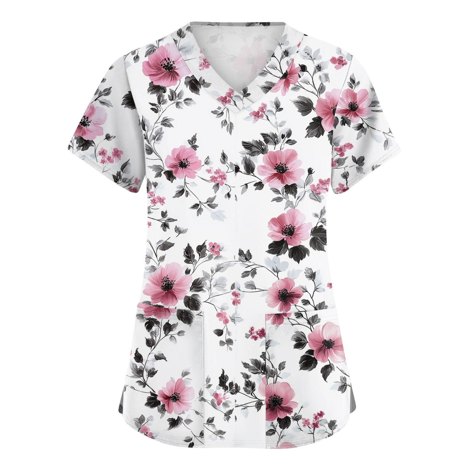 

Женская симпатичная принтованная рабочая одежда с V-образным вырезом, двухслойными карманами, базовым коротким рукавом, пуловером XL белый