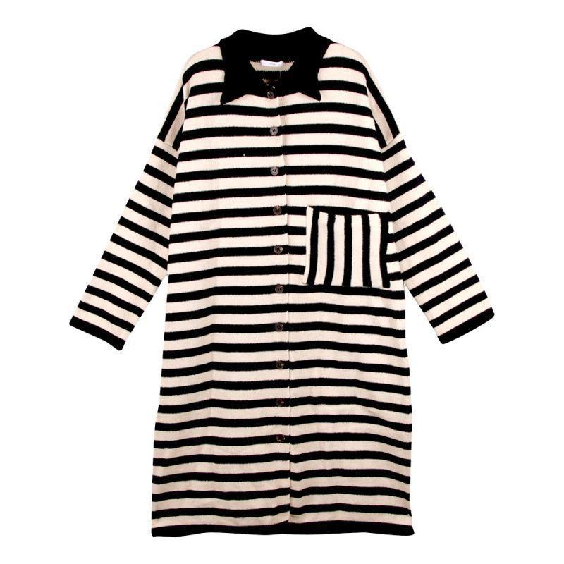 Lazy Wind Striped Knitted Dress Femininity Autumn New Retro Loose Medium and Long Sweater Skirt