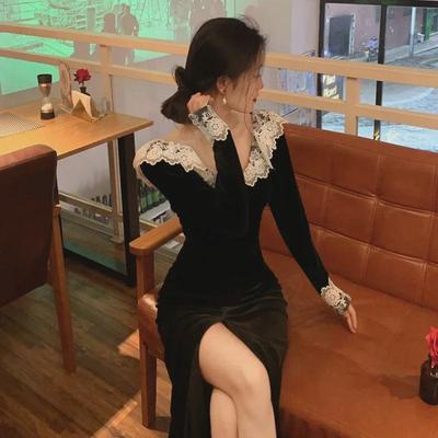 Women's Black Velvet Long-Sleeve Slit Dress - French Style with Lace, Spring/Autumn 2022.
