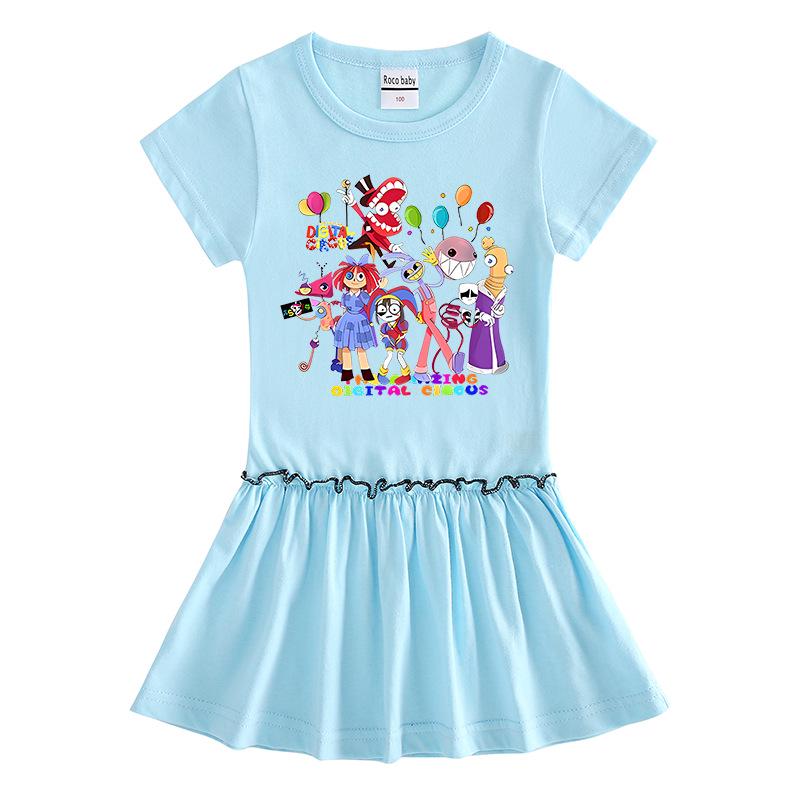 2026 Korean Style Kids' Cartoon Dress: Color Block Pleated Skirt with Short Sleeves for Girls