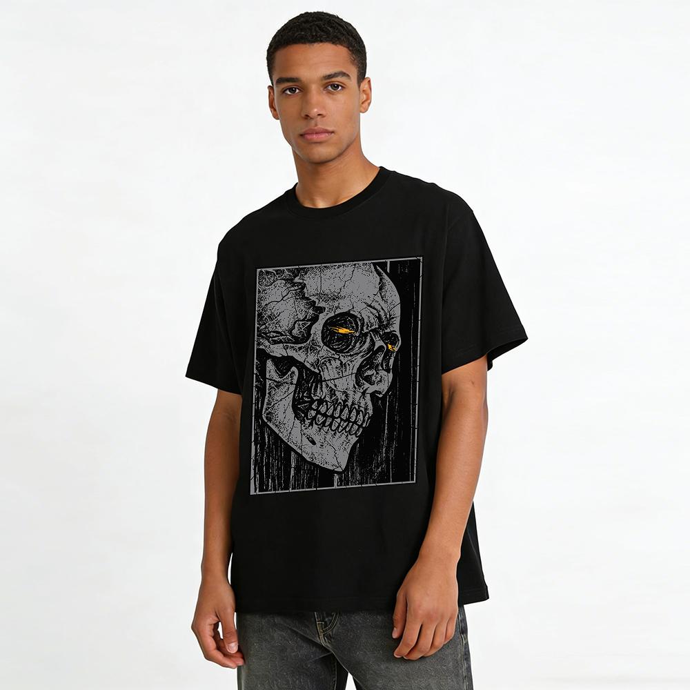 Cracked Skull Print Dark Style Trendy Men's Casual Short Sleeve Tee Pure Cotton T-shirt