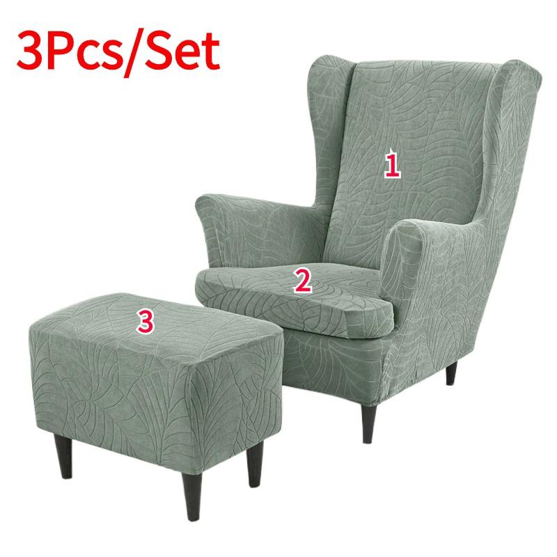 3pcs/set Solid Color Elastic Wing Chair Covers Water Repellent Stretch Wingback Chairs Protector Covers with Ottoman Cover