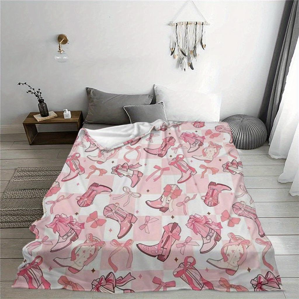 Pink Plaid Patchwork Cowboy Boot Print Throw Blanket Cartoon Style Cozy Blanket Gift for Women Men Kids Sofa Bed Decor