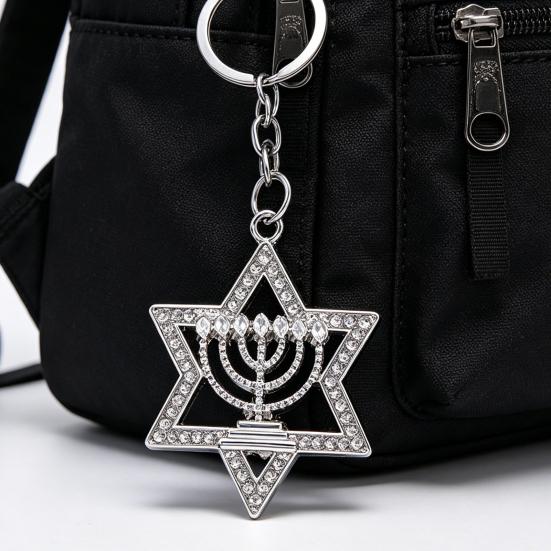 Keychain Pendant Sparkling Rhinestones Hexagram Shape Zinc Alloy Key Holder with Chain Buckle Design Backpack Accessory