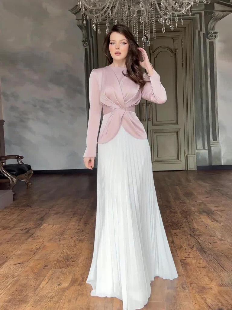 Elegant 2024 Color Block Pleated Dress - European & American Autumn Fashion for Women