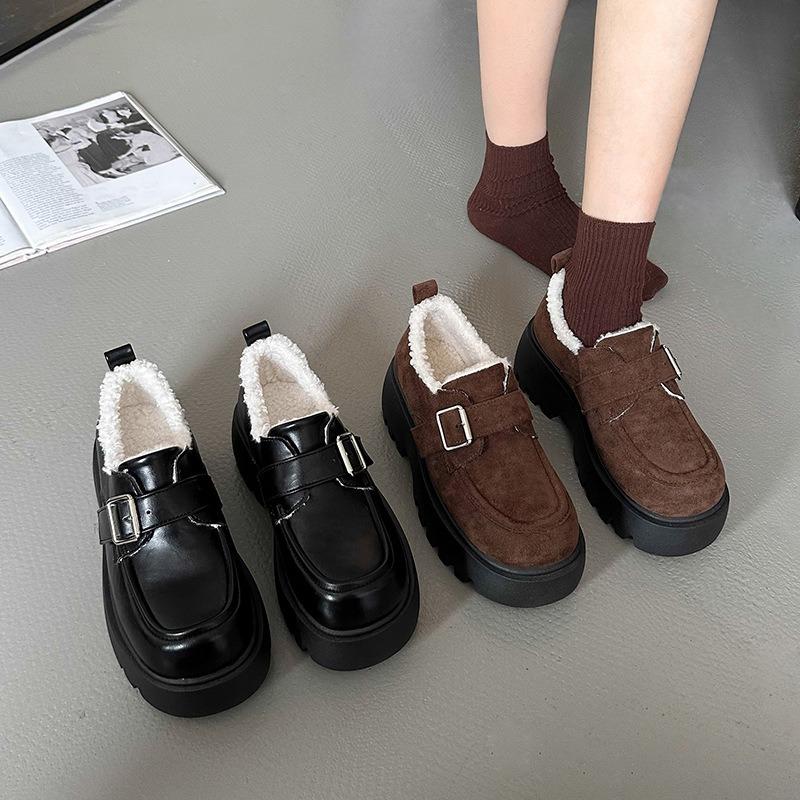 Autumn and winter Maillard thick-soled velvet warm women's small leather shoes lazy cotton shoes women